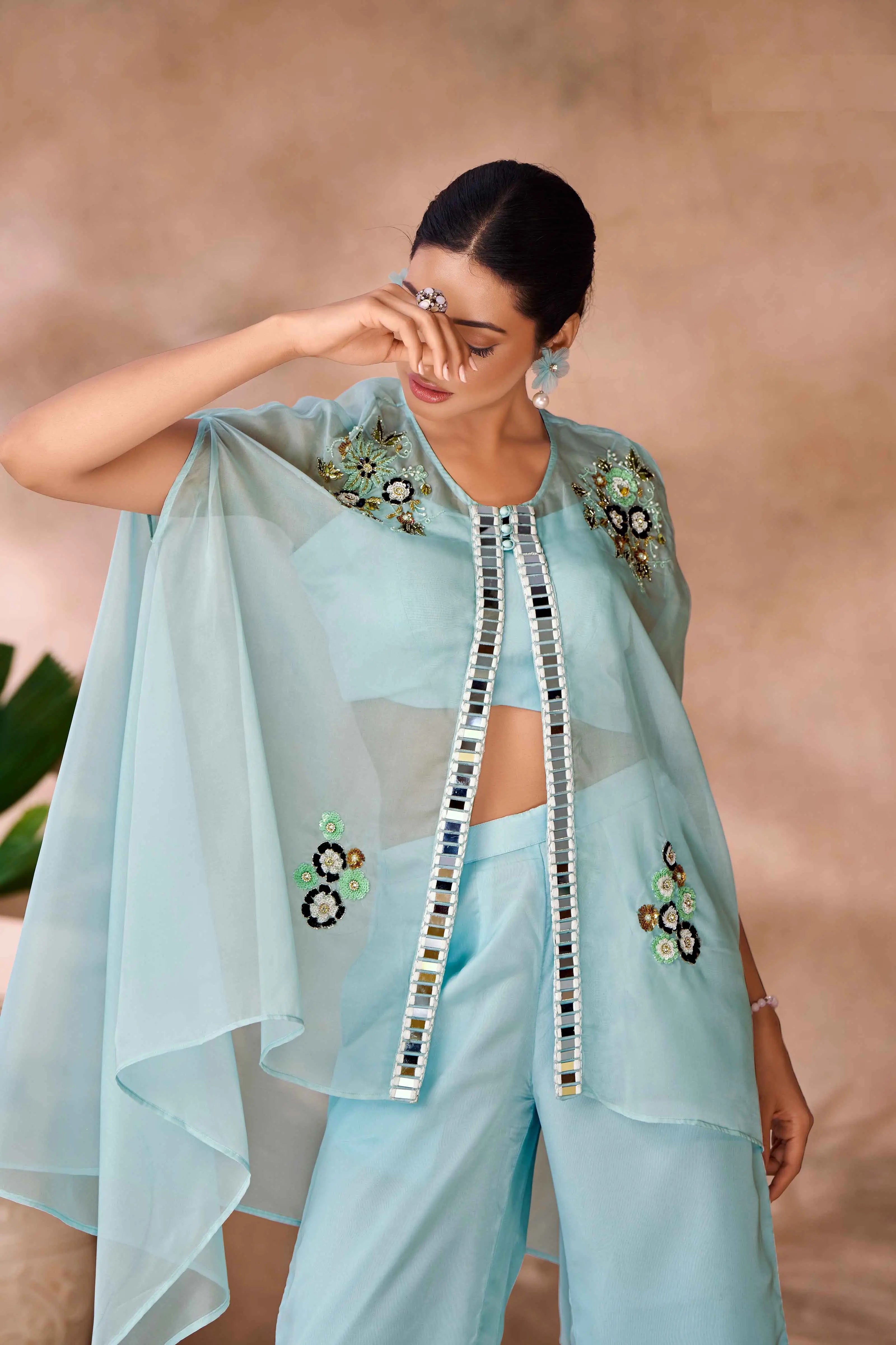 Aqua Blue Pure Organza Hand Work Indo Western Co-Ord Set With Cap