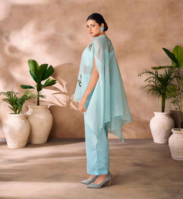 Aqua Blue Pure Organza Hand Work Indo Western Co-Ord Set With Cap - qivii