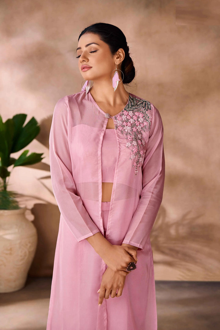 Baby Pink Hand Work Stylish Organza Indo-Western With Long Shrug - qivii