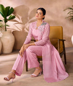 Baby Pink Hand Work Stylish Organza Indo-Western With Long Shrug