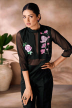 Most Trendy Black Organza Floral Hand Work Co- Ord Set
