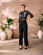 Most Trendy Black Organza Floral Hand Work Co- Ord Set