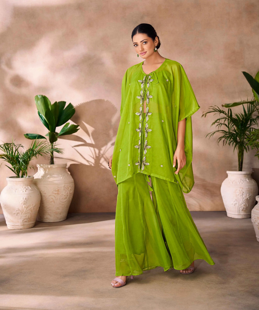 Parrot Green Hand Work Organza Indo Western With Cap - qivii
