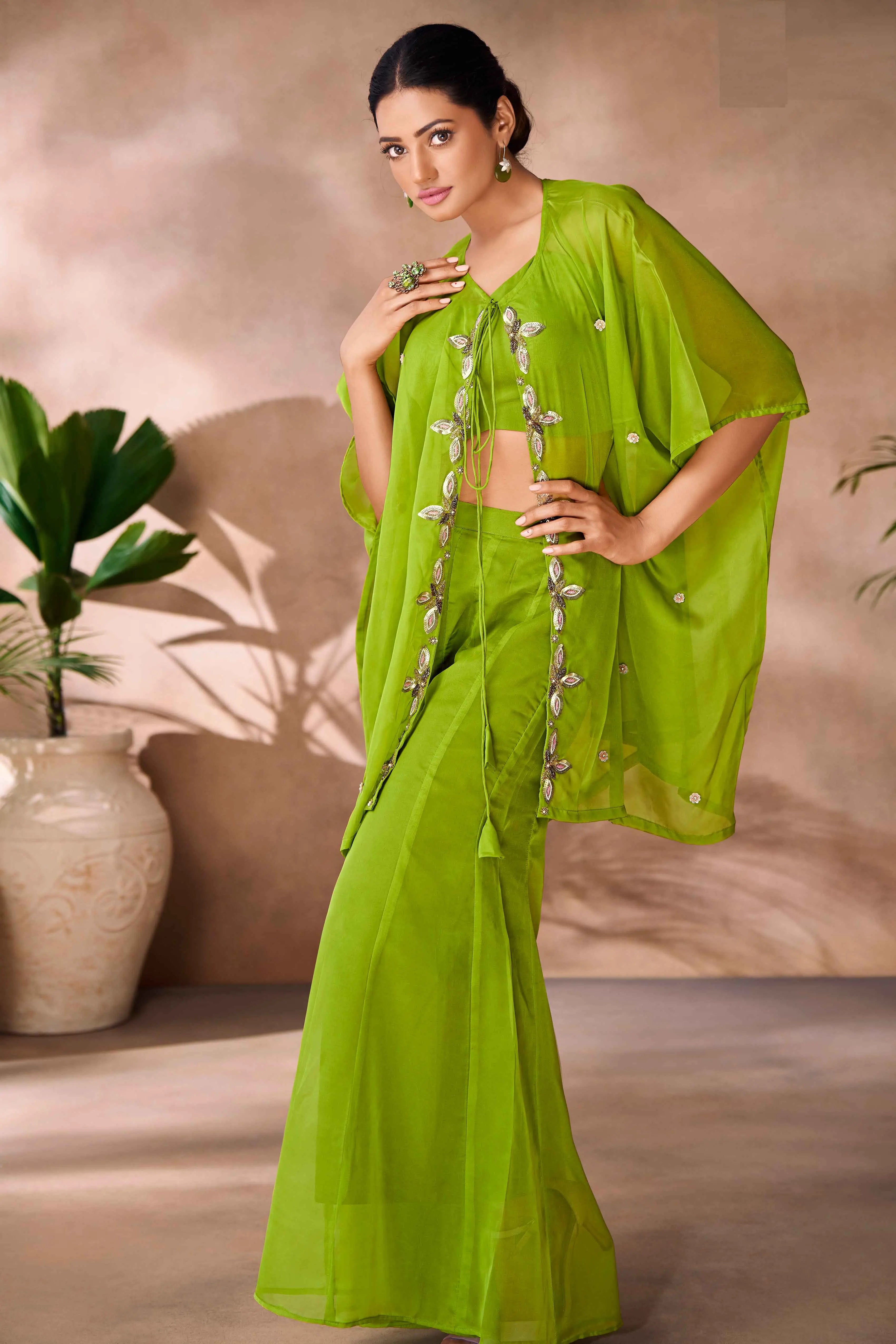Parrot Green Hand Work Organza Indo Western With Cap