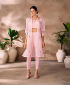 Peach Hand Work Stylish Organza Indo-Western With Long Shrug