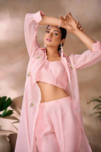 Peach Hand Work Stylish Organza Indo-Western With Long Shrug