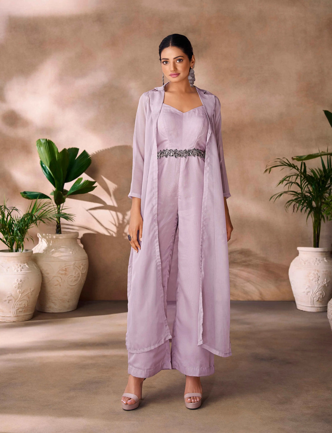 Most Trendy Lavender Hand Work Organza Indo Western Jumpsuit - qivii