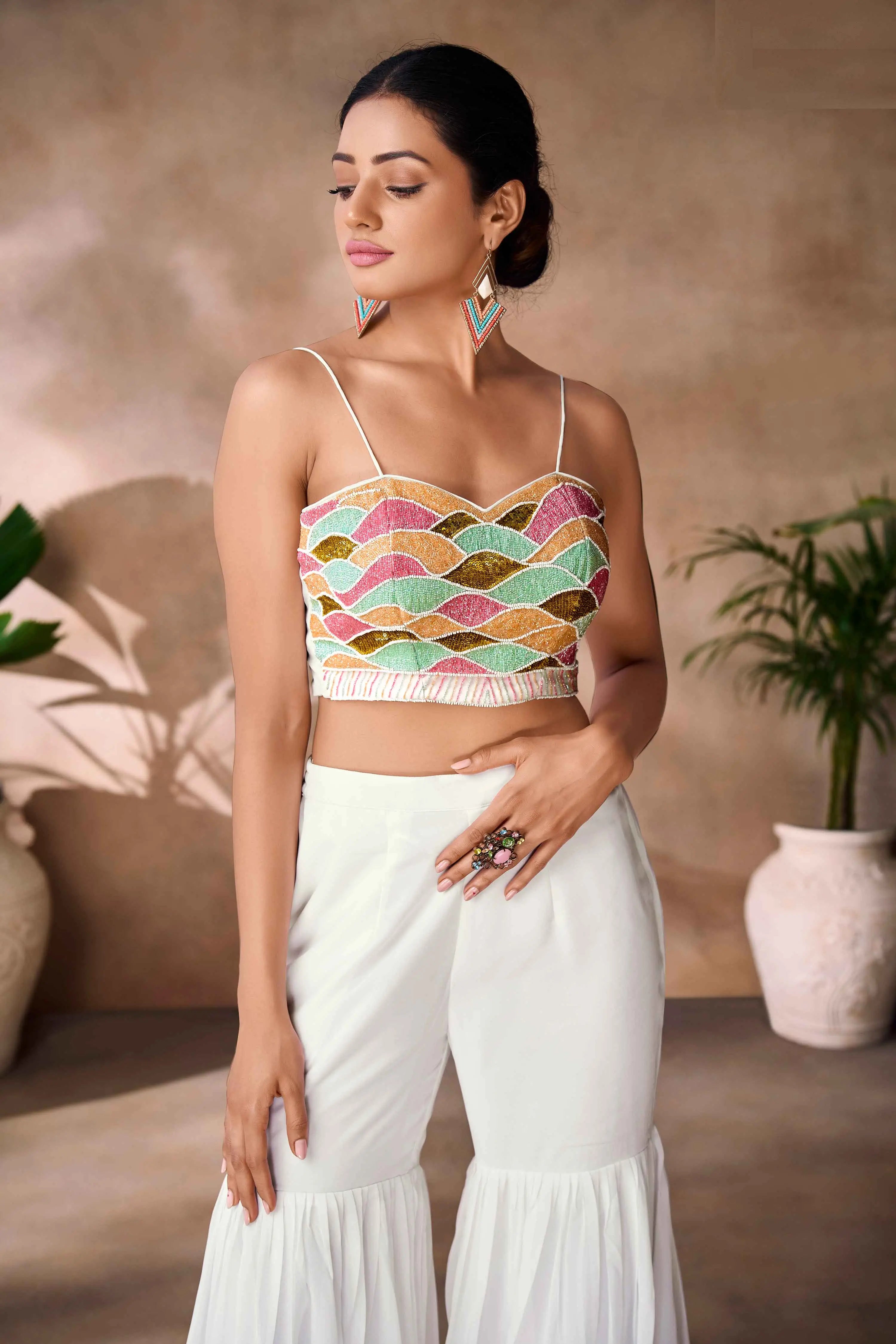 Wonderful White Indo Western Hand Work Blouse With Sharara And Cap