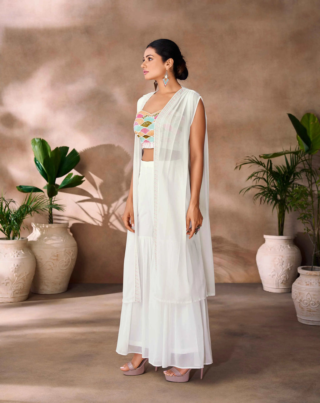 Wonderful White Indo Western Hand Work Blouse With Sharara And Cap