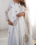 White Embroidery Design Work Gown With Dupatta