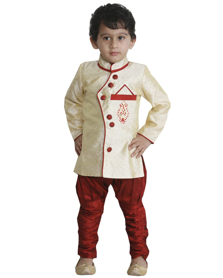 Vastramay Boys' Beige Cotton Silk Kurta and Breedges Set - qivii