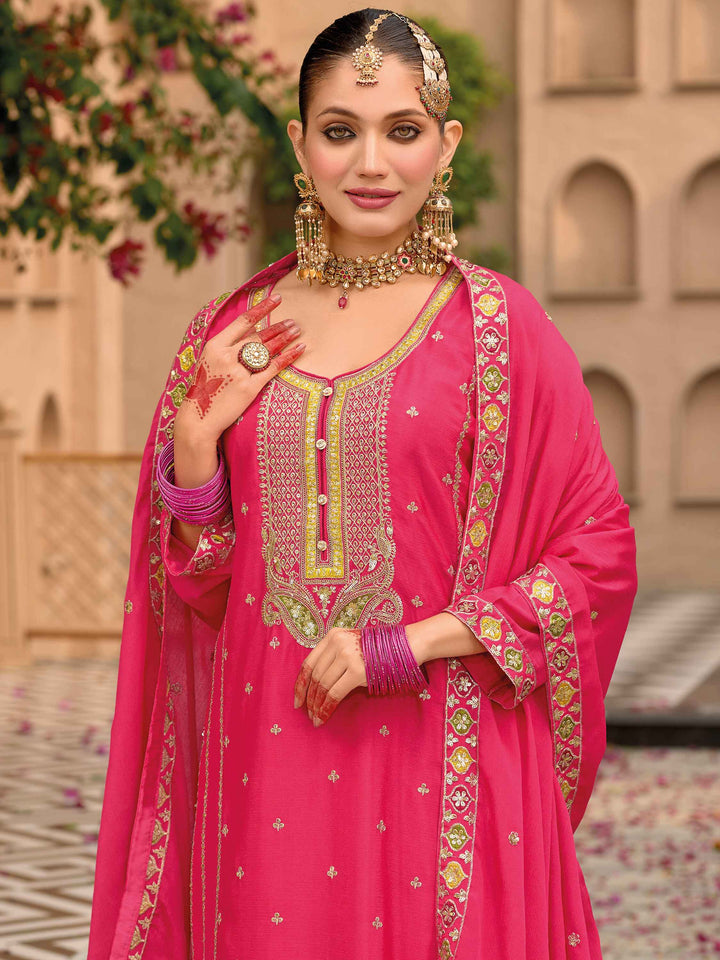 Shocking Pink Embroidered Chinon Eid Wear Palazzo Suit with Intricate Design