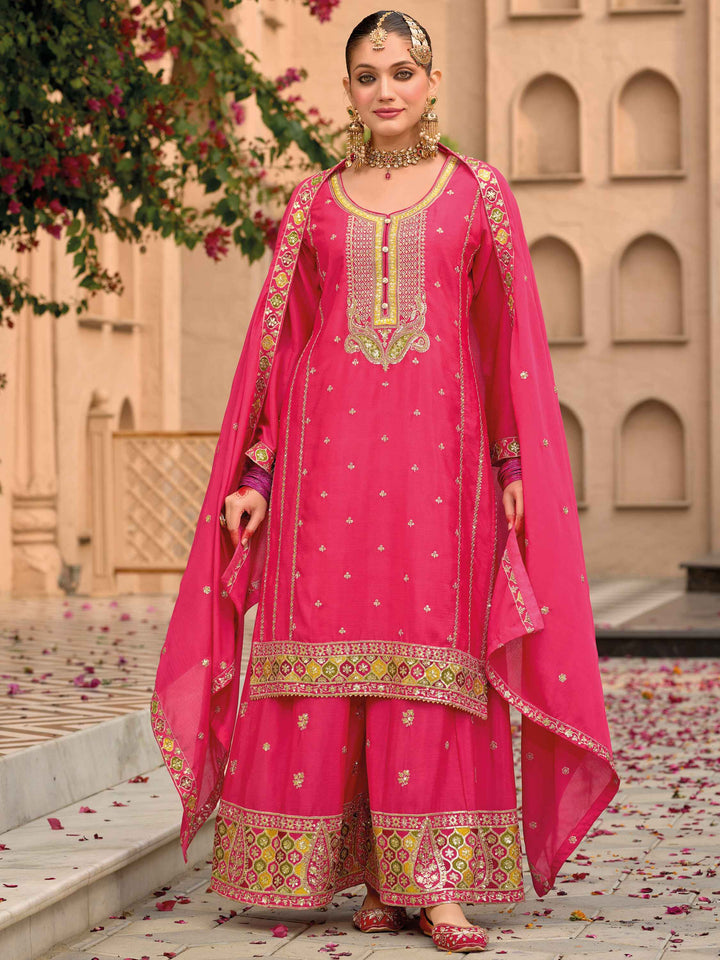 Shocking Pink Embroidered Chinon Eid Wear Palazzo Suit with intricate embroidery and stylish design