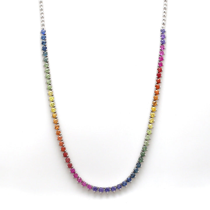 Rainbow Sapphire Vibrant Three Prong Tennis Necklace - qivii