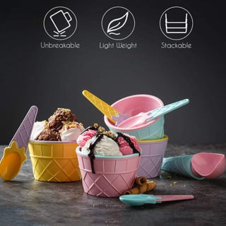 Ice Cream Bowl & Spoon Set – 12-Piece Plastic Solid Color Cream Cups with Spoons (Multi-Color)