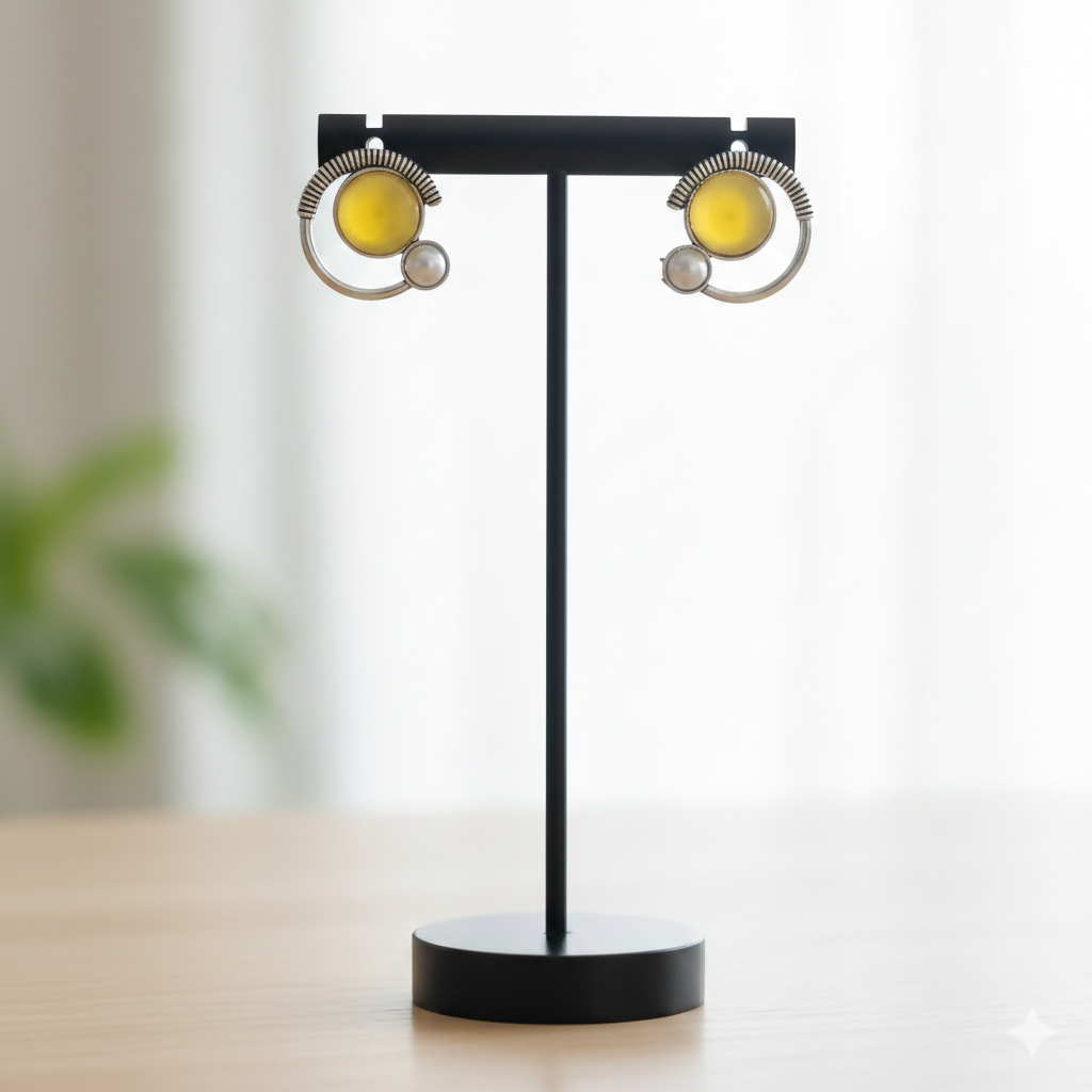 Oxidized Silver Stud Earrings with Yellow Citrine Glass and Pearl Accents