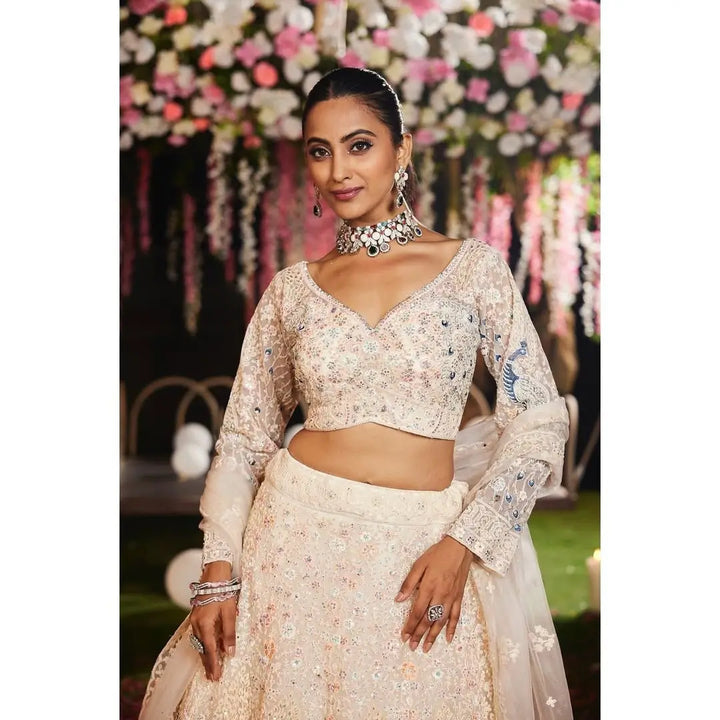 Light Peach Soft Net Lehenga With Multi Thread Sandwich Sequins Embroidery Work - qivii