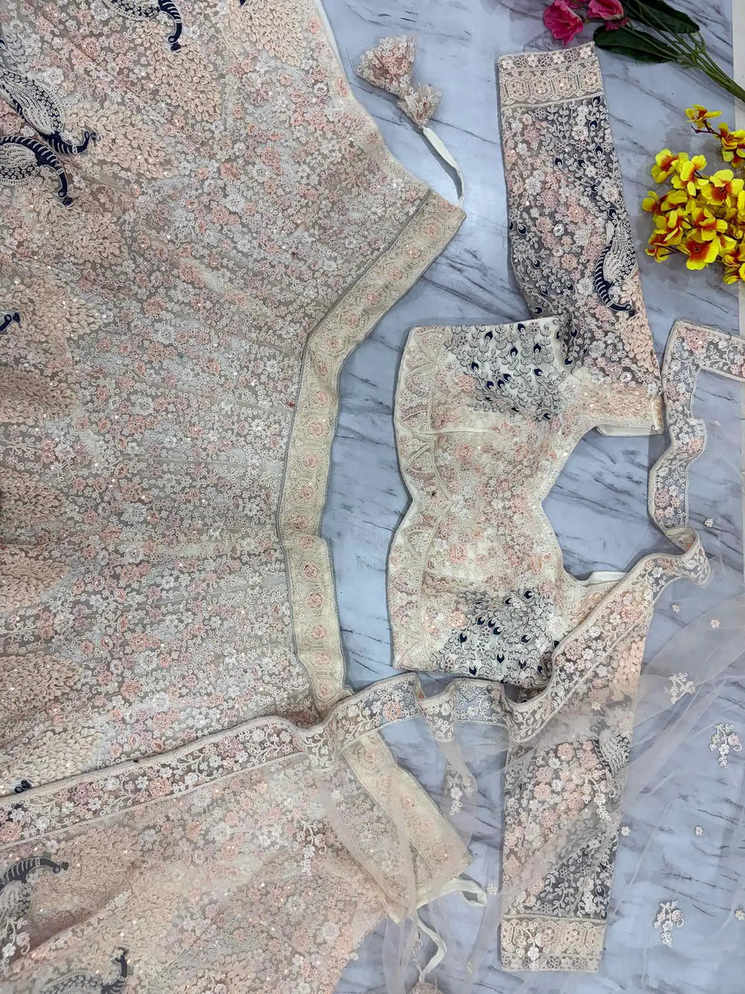 Light Peach Soft Net Lehenga With Multi Thread Sandwich Sequins Embroidery Work - qivii