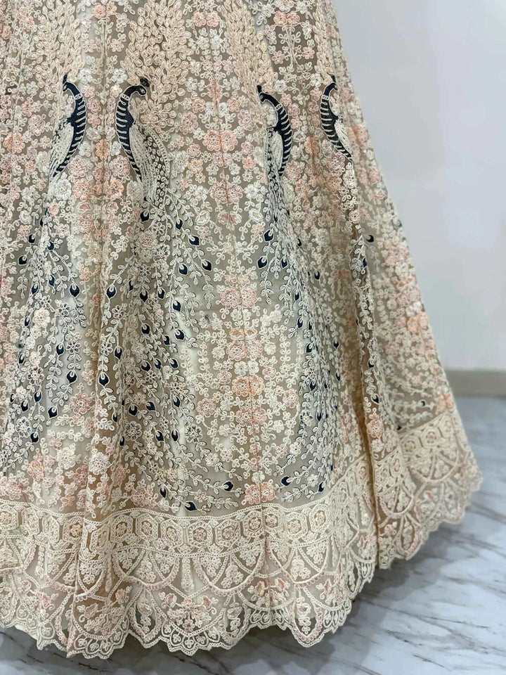 Light Peach Soft Net Lehenga With Multi Thread Sandwich Sequins Embroidery Work - qivii