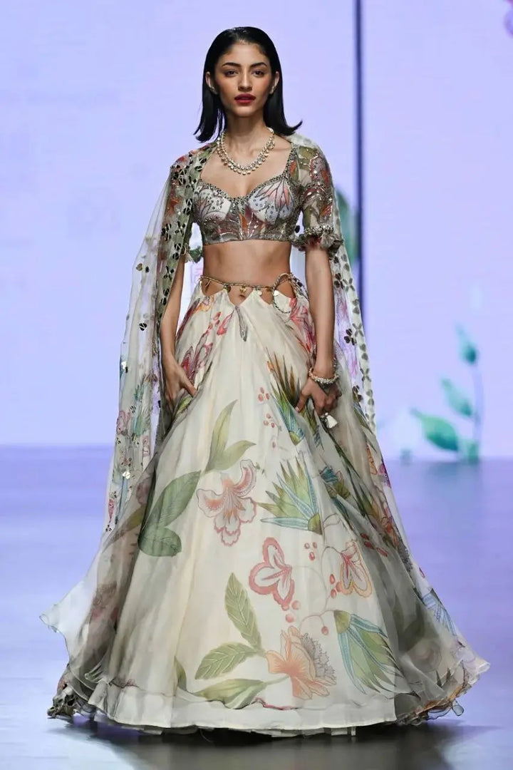 Light Beige Floral Print With Beautiful Hand Work Party Wear Lehenga - qivii