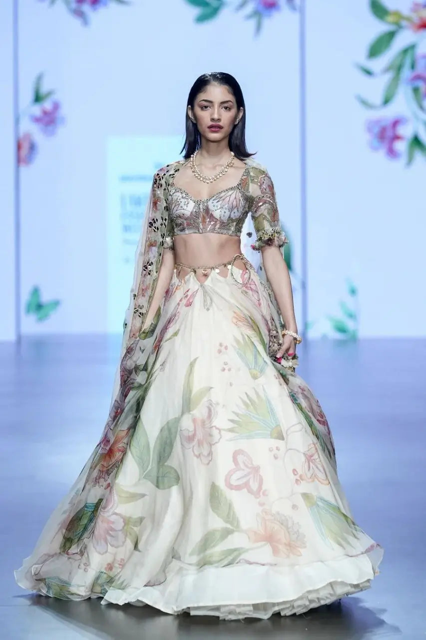 Light Beige Floral Print With Beautiful Hand Work Party Wear Lehenga - qivii