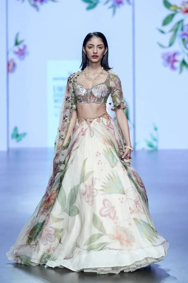 Light Beige Floral Print With Beautiful Hand Work Party Wear Lehenga - qivii