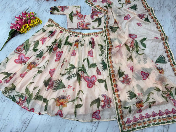 Light Beige Floral Print With Beautiful Hand Work Party Wear Lehenga - qivii