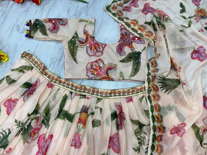 Light Beige Floral Print With Beautiful Hand Work Party Wear Lehenga - qivii