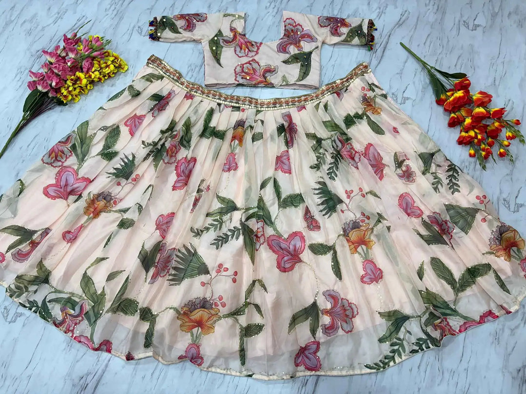 Light Beige Floral Print With Beautiful Hand Work Party Wear Lehenga - qivii