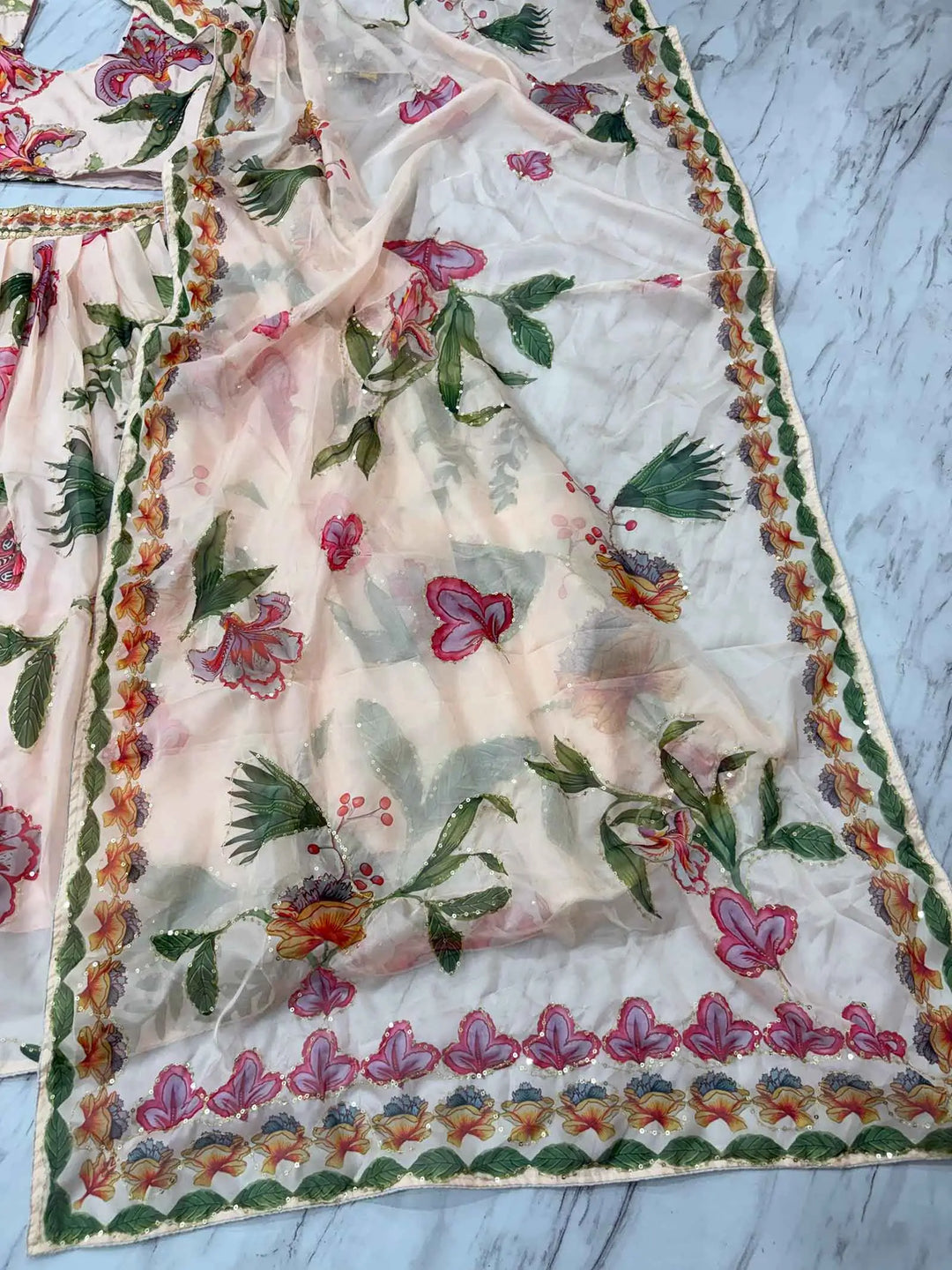 Light Beige Floral Print With Beautiful Hand Work Party Wear Lehenga - qivii