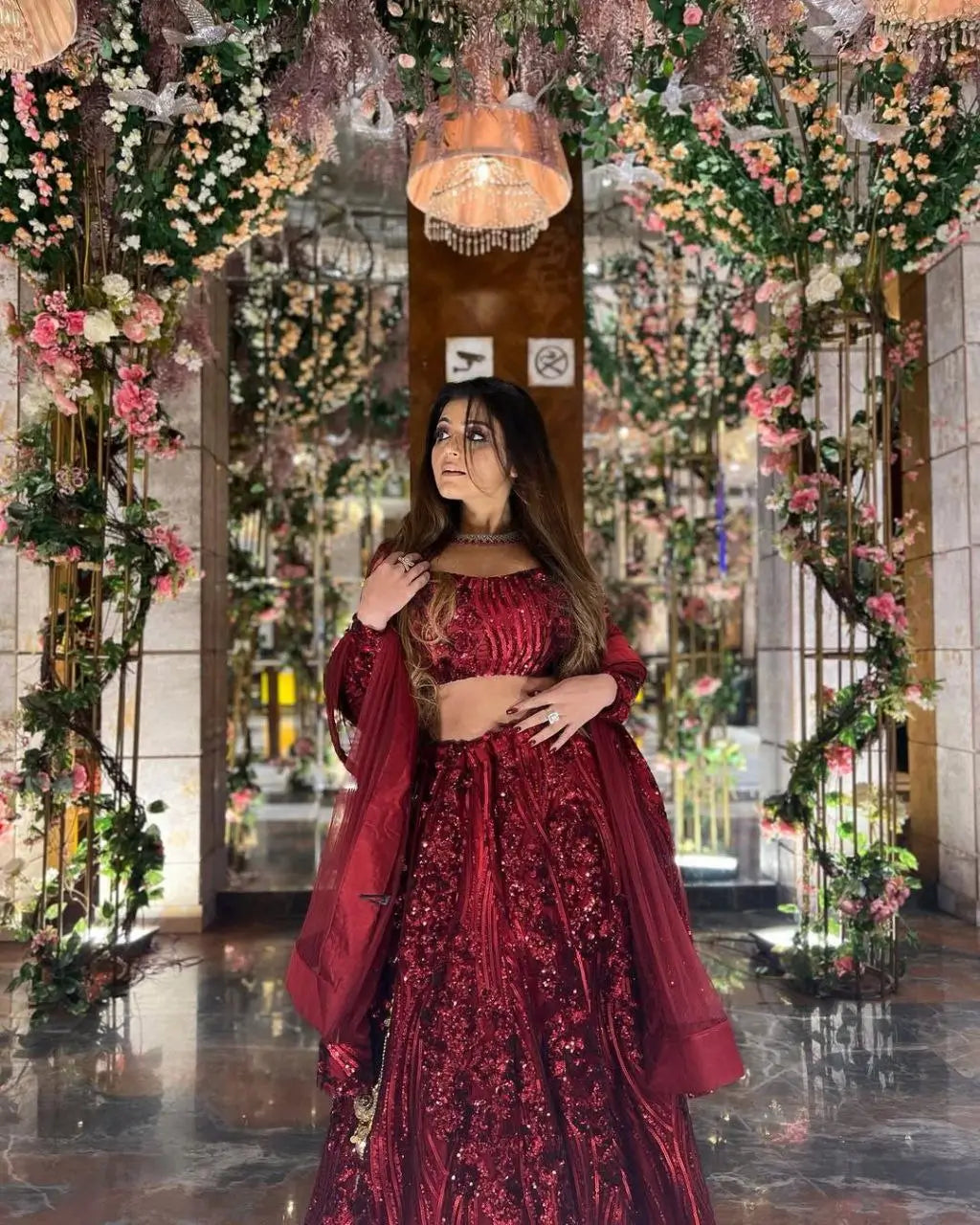 Maroon Red Dual Sequins Embroidery Work Premium Net Party Wear Lehenga - qivii