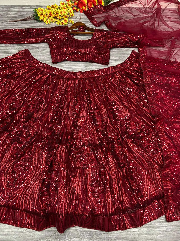 Maroon Red Dual Sequins Embroidery Work Premium Net Party Wear Lehenga - qivii