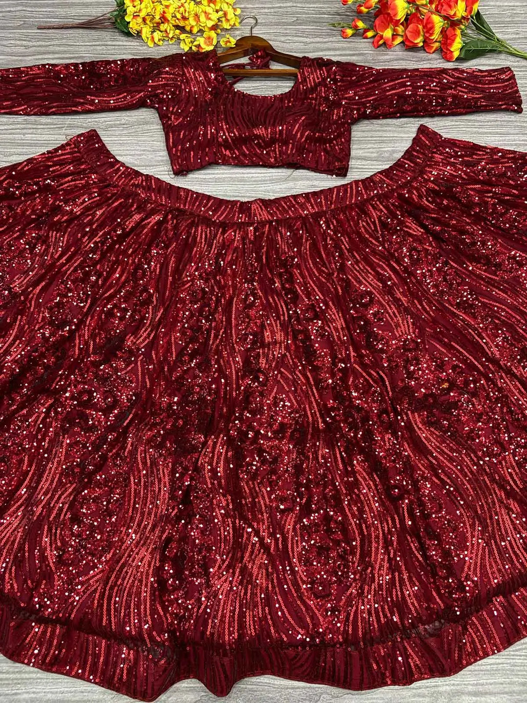 Maroon Red Dual Sequins Embroidery Work Premium Net Party Wear Lehenga - qivii