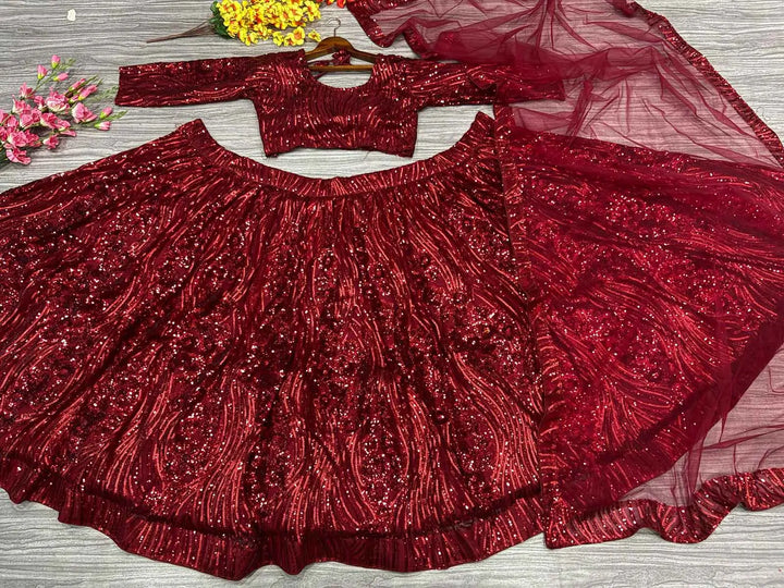 Maroon Red Dual Sequins Embroidery Work Premium Net Party Wear Lehenga - qivii