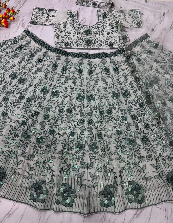 Light Green Georgette Lehenga With Thread Dori Heavy Sequins Embroidery Work - qivii