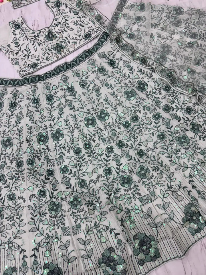 Light Green Georgette Lehenga With Thread Dori Heavy Sequins Embroidery Work - qivii