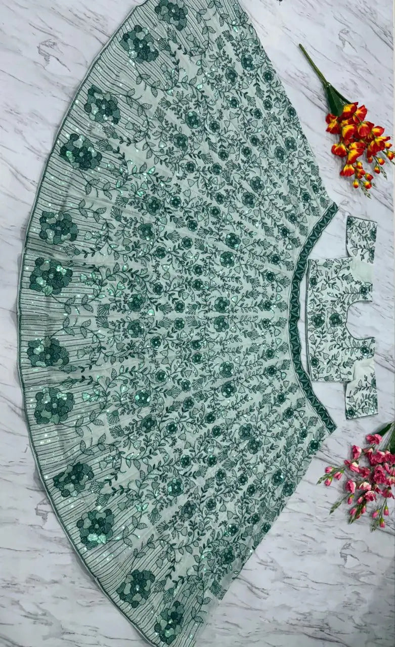 Light Green Georgette Lehenga With Thread Dori Heavy Sequins Embroidery Work - qivii