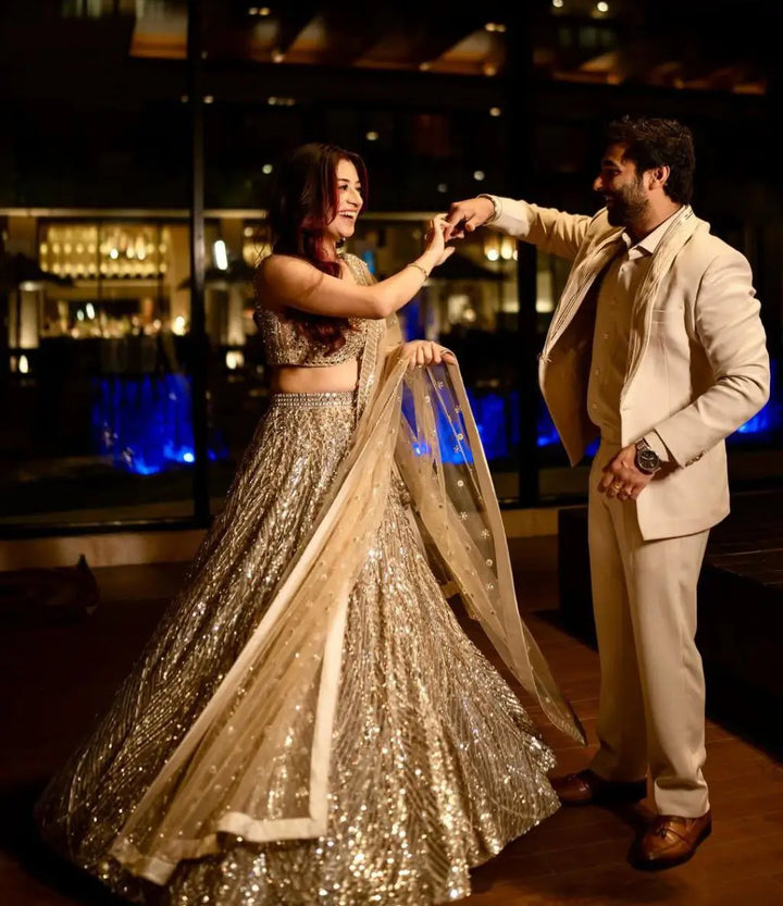 Golden Heavy Sequins Dori Embroidery Work Party Wear Lehenga Choli - qivii