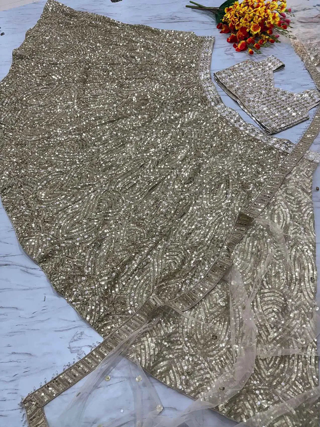 Golden Heavy Sequins Dori Embroidery Work Party Wear Lehenga Choli - qivii