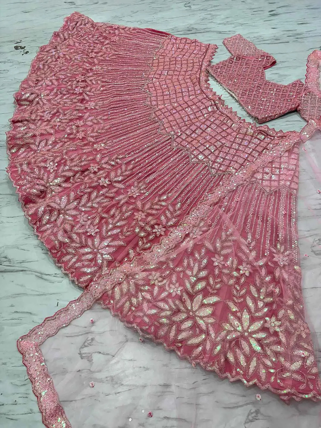 Peach Pink Rainbow Sequins Dori Embroidery Work Net Lehenga Choli - qivii
