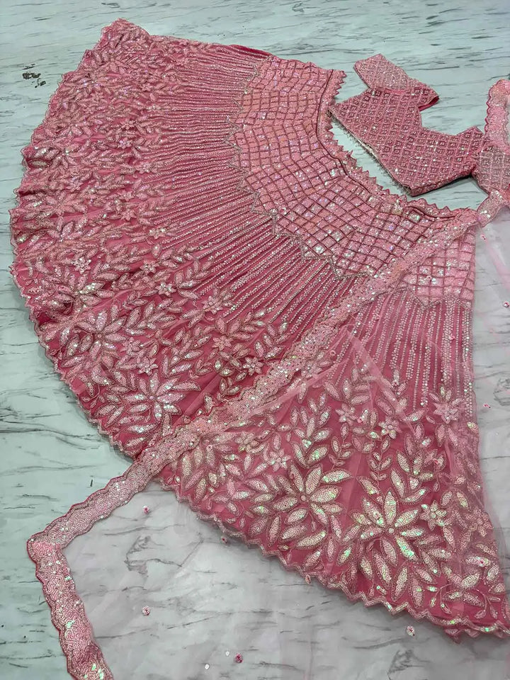 Peach Pink Rainbow Sequins Dori Embroidery Work Net Lehenga Choli - qivii
