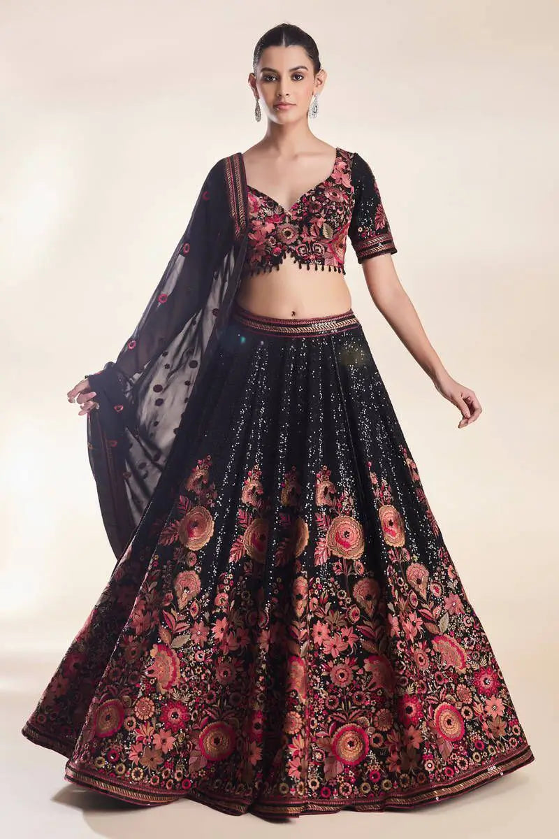 Black Georgette Lehenga With Multi Thread Flower And Sequins Work - qivii
