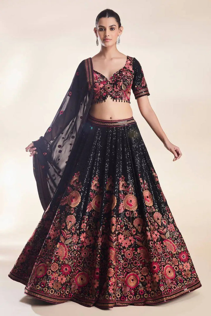 Black Georgette Lehenga With Multi Thread Flower And Sequins Work - qivii