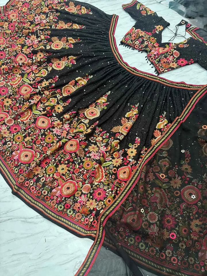 Black Georgette Lehenga With Multi Thread Flower And Sequins Work - qivii