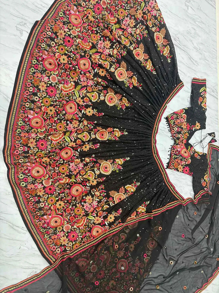 Black Georgette Lehenga With Multi Thread Flower And Sequins Work - qivii