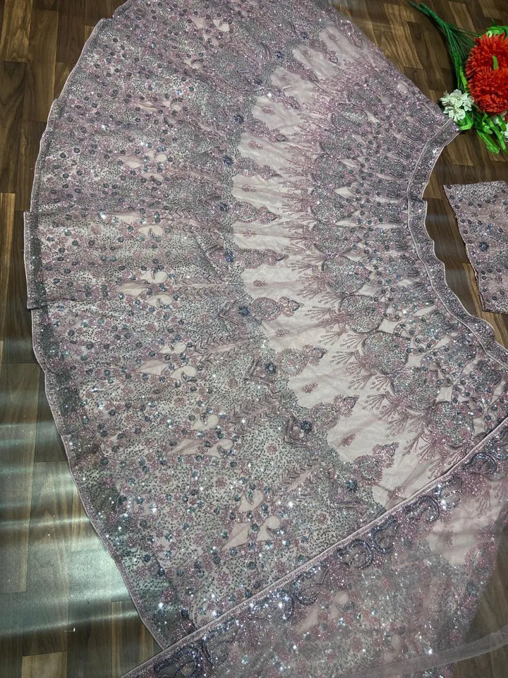Mauve Pink Glitter Dori Embroidery Work Soft Net Party Wear Lehenga - qivii