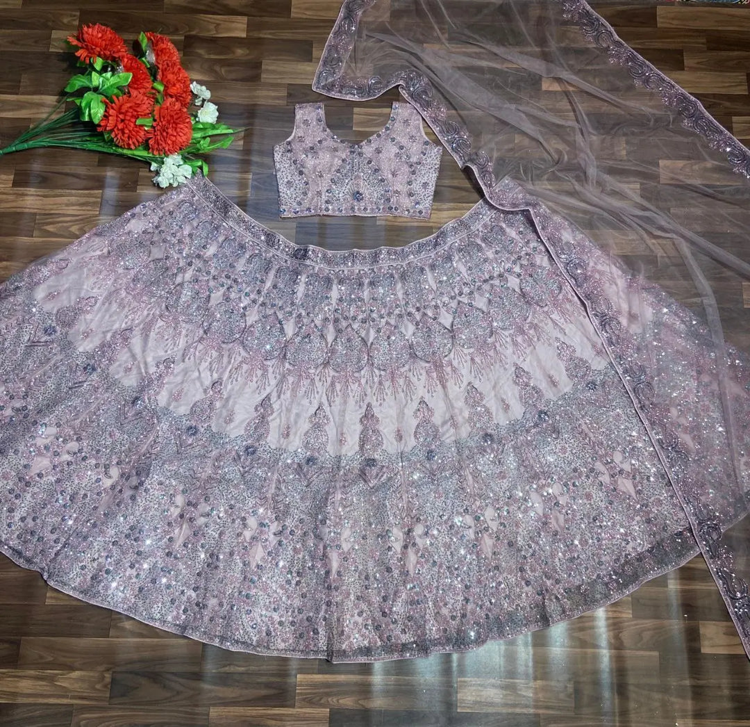 Mauve Pink Glitter Dori Embroidery Work Soft Net Party Wear Lehenga - qivii