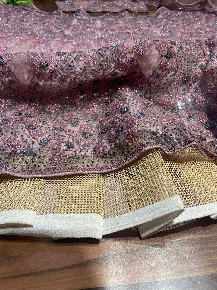 Mauve Pink Glitter Dori Embroidery Work Soft Net Party Wear Lehenga - qivii