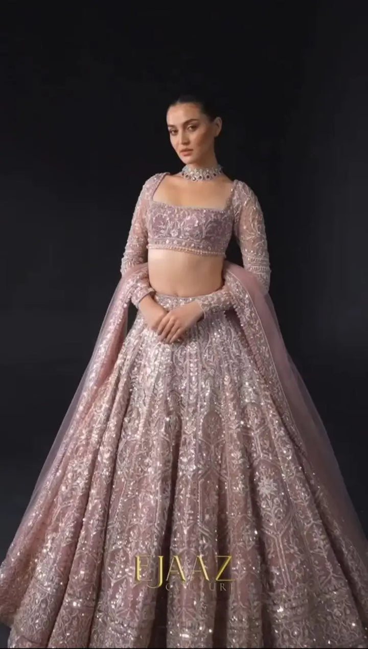Rosy Brown Net Lehenga With Thread Embroidery Coding And Heavy Sequins Work | Ready To Wear - qivii