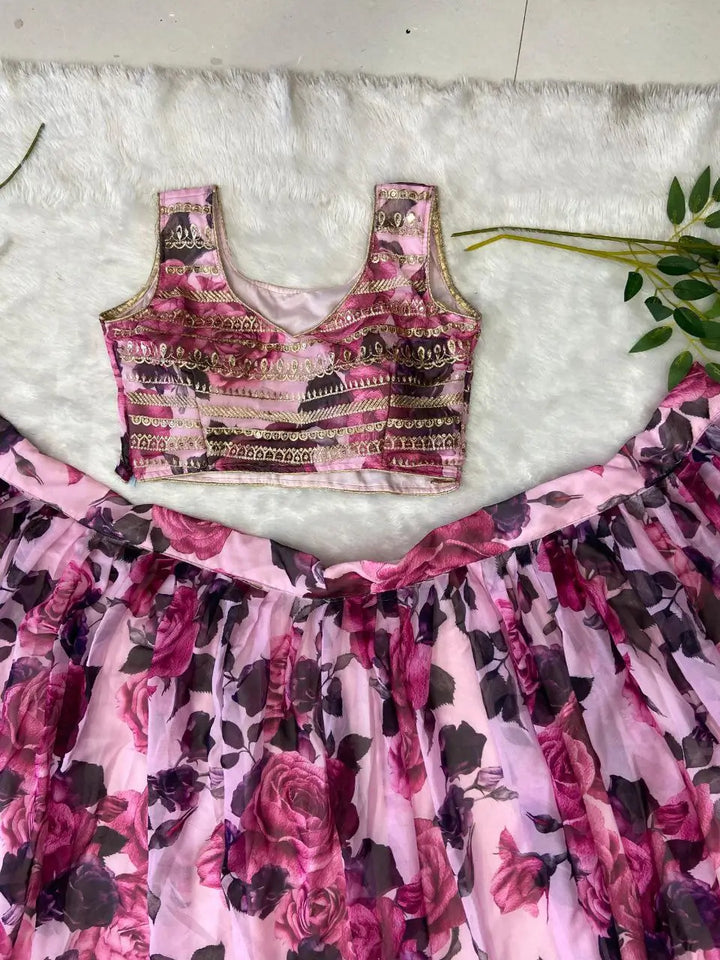 Soft Pink Floral Print With Zari Sequins Work Party Wear Lehenga - qivii
